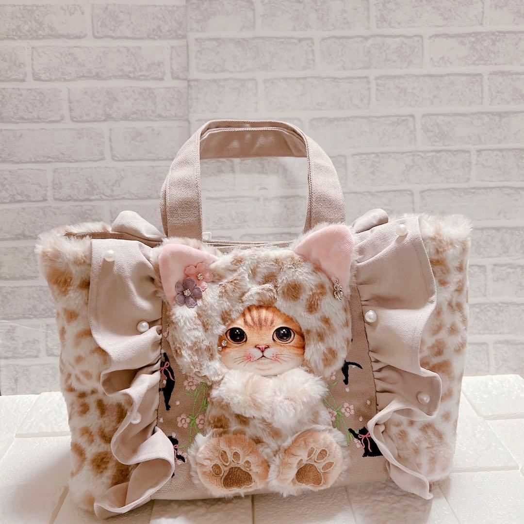 フリルトートバッグ コヤンイサムチョン ヒョウ柄 猫 ひょっこり猫ちゃん 刺繍新品、♥