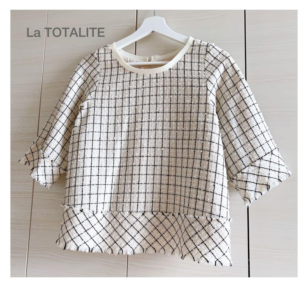 通販 送料無料  最終sale⭐︎ラトータリテ❤︎チェック ツイード フリンジトップス シャツ+ブラウス(長袖+七分)