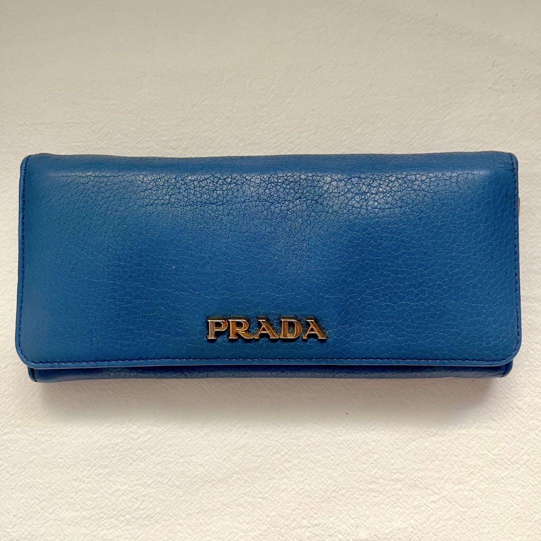 美品】PRADA プラダ 二つ折り 長財布 ブルー レザー ロゴ金具