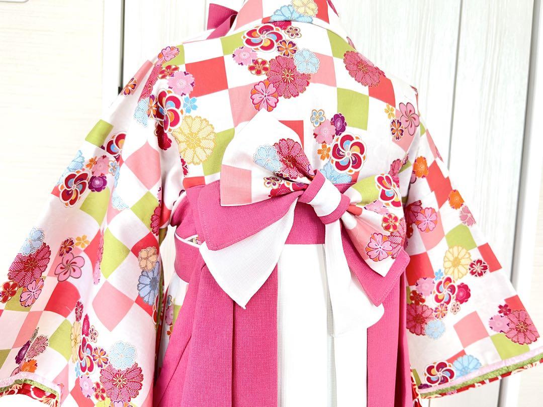 Nana様専用】【13】市松模様梅桜柄着物 桃白2色袴 100cm 8点セット