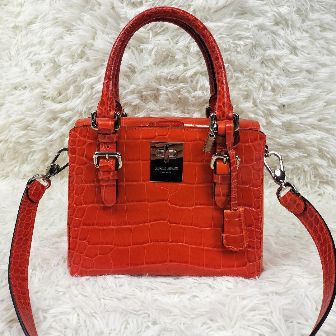 GIORGIO ARMANI 高級 クロコ調 2way ハンドバッグ オレンジ