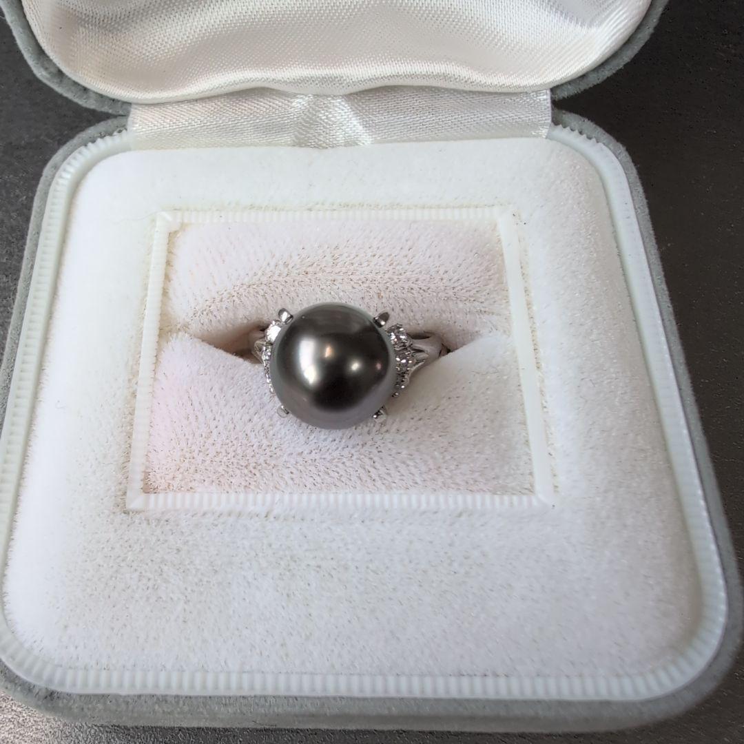 黒蝶真珠リング 脇石天然ダイヤモンド pt.900 鑑別書つき