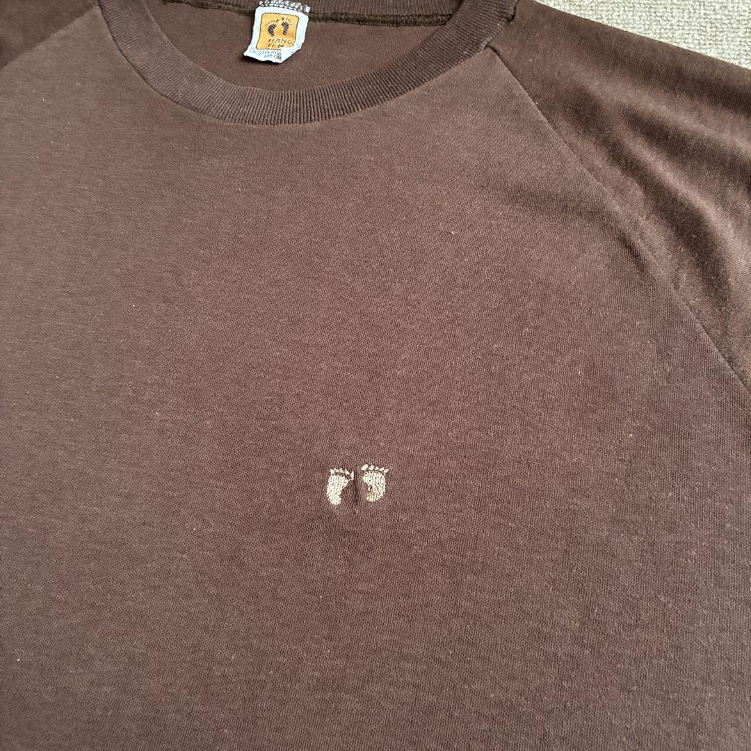 リペアあり HANG TEN 70s ラグラン 刺繍ロゴ Tシャツ 茶 L
