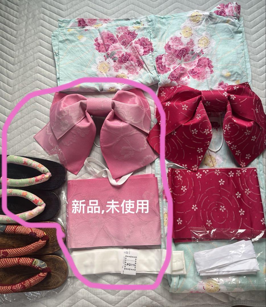 水色花柄浴衣・赤ピンク帯セット 下駄付き 可愛い 新品未使用もの付き