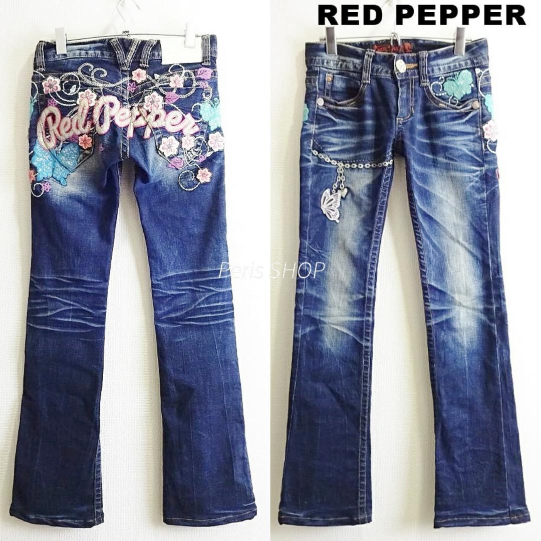 レッドペッパー　タイトブーツカットデニム　【M】　強ストレッチ　蝶　花　濃藍