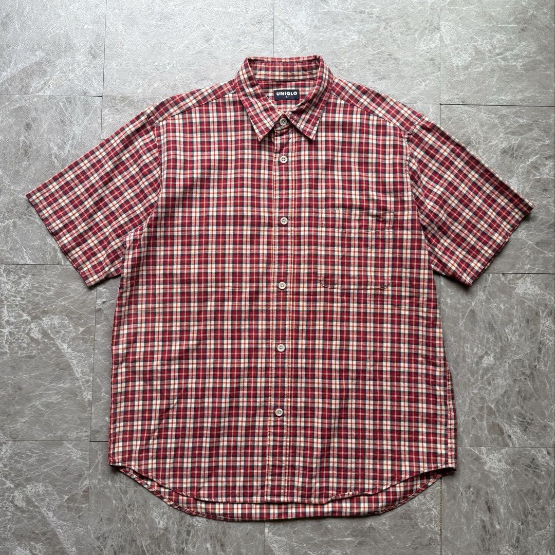 90s 紺タグ OLD UNIQLO 半袖 シャツ チェック柄 好配色