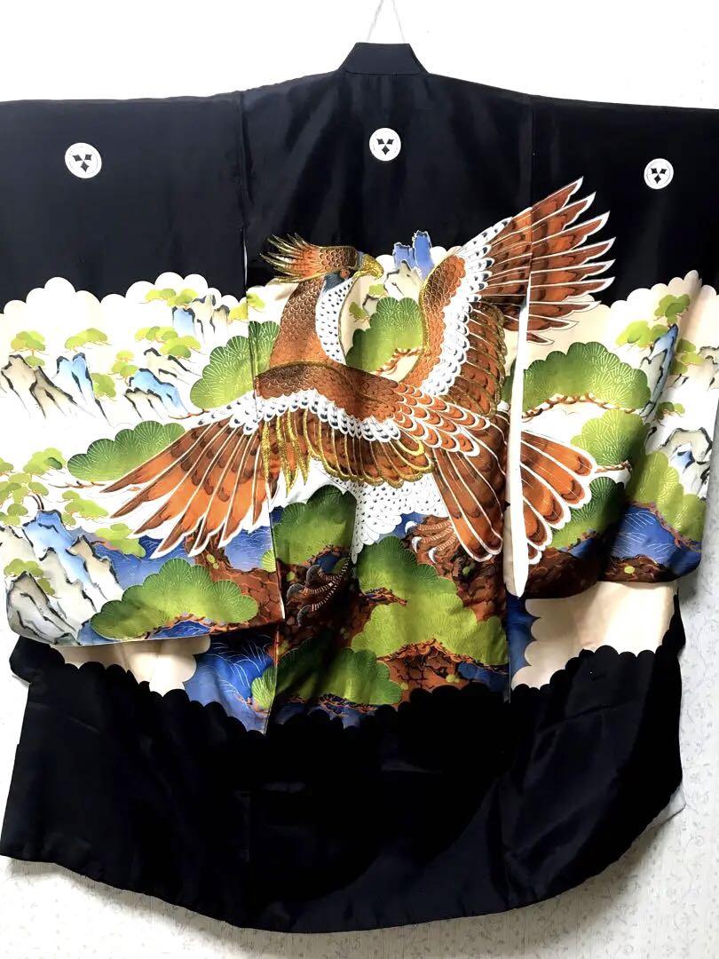 お宮参り着物　男の子　アンティーク　正絹　鷹❗️刺繍　長襦袢付　クリーニング済
