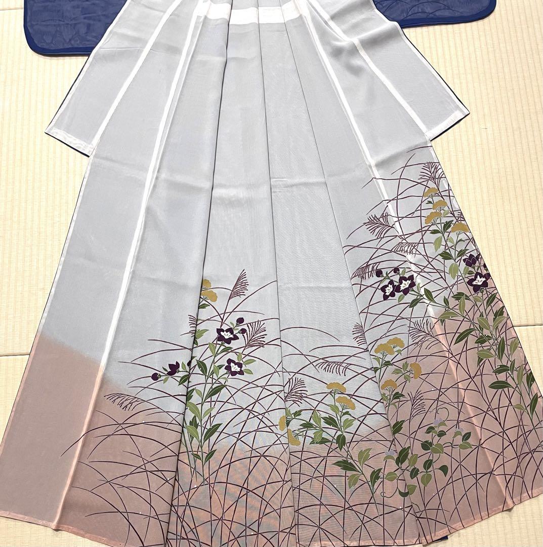 紗袷 手描き友禅 銀彩の露 訪問着 紋なし