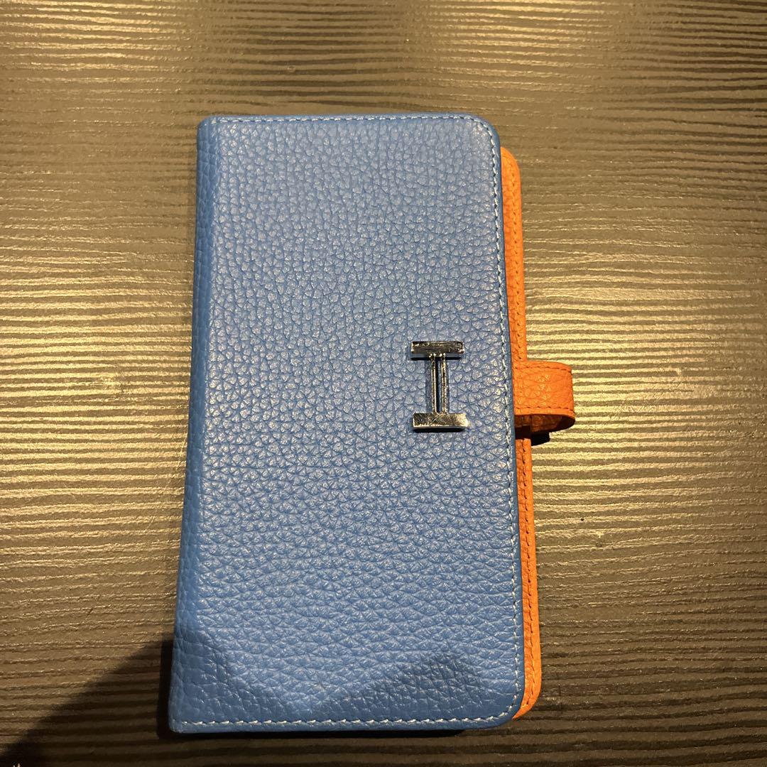 ハンドメイドスマホケース 青とオレンジ　エルメス