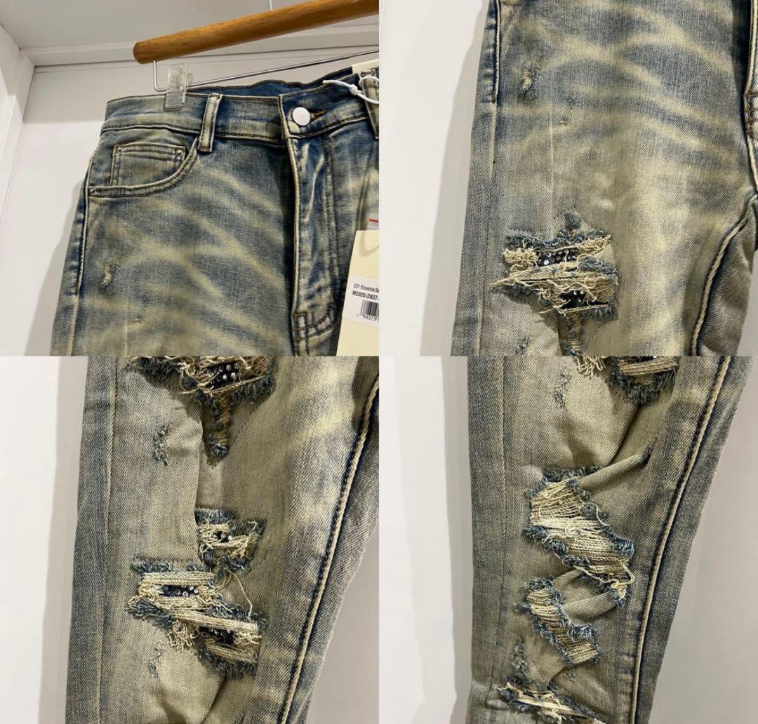 mnml X201クリアキラキララインストーンデザインストレッチデニムパンツ30