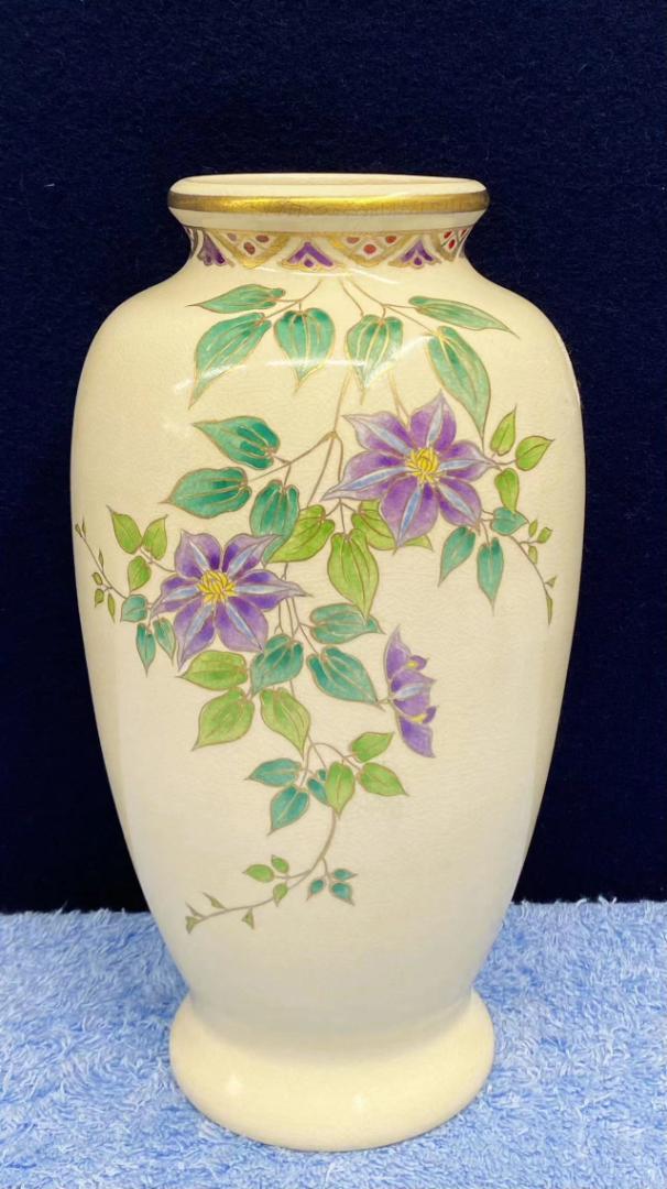 薩摩焼 色絵花瓶 花図案 時代物 工芸品 日本の磁器