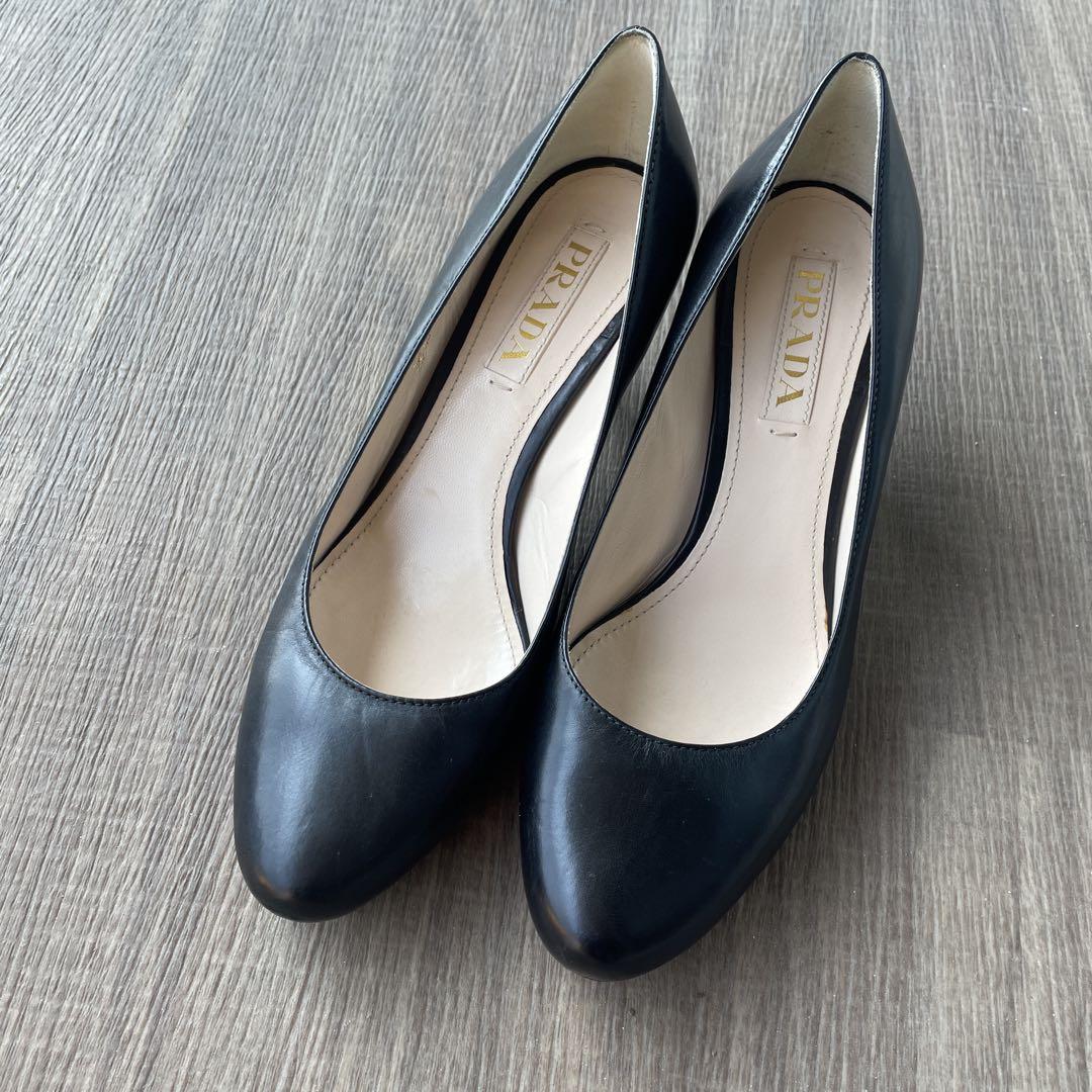 【PRADA 】美品！プラダブラック レザー 冠婚葬祭　(ヒール巻き替え済！！)