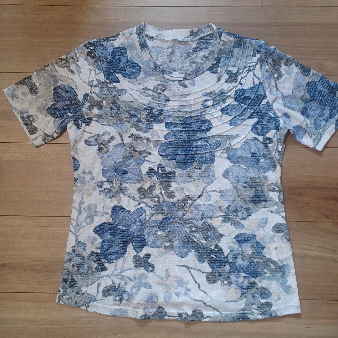 花柄半袖Tシャツ 青系