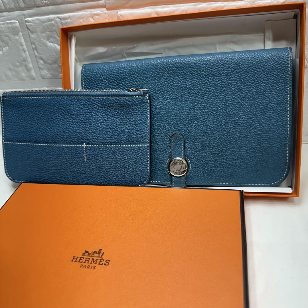 エルメス HERMES ドゴンGM コバルト ブルージーン □K刻印 長 エルメス HERMES ドゴンGM コバルト ブルージーン □K刻印 長