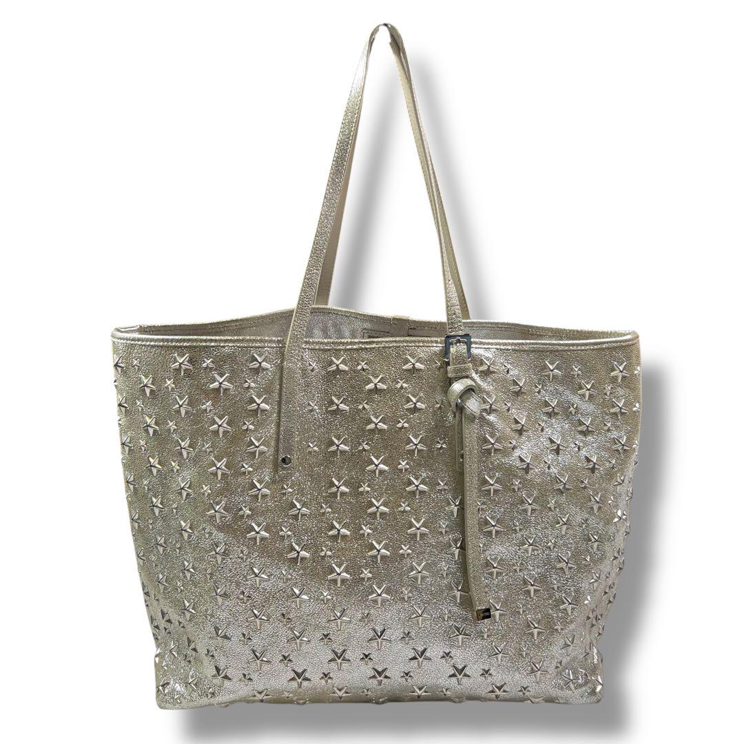JIMMY CHOO SASHA メタリックシルバー スタッズトートバッグ M