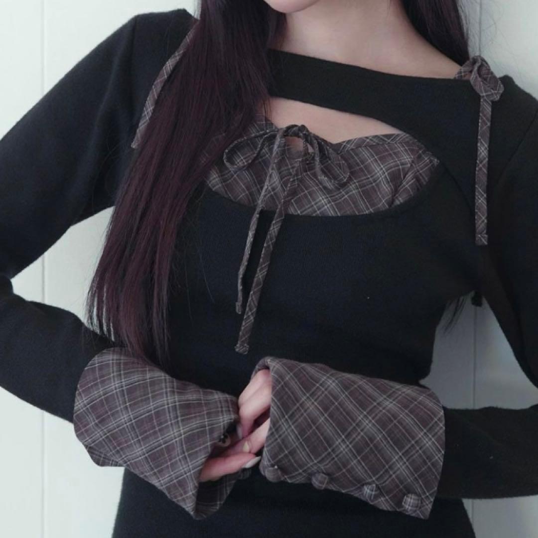 BUBBLES バブルス オープンリボンチェックワンピース 黒 M 新作 完売品 BUBBLES バブルス オープンリボンチェックワンピース - メルカリ