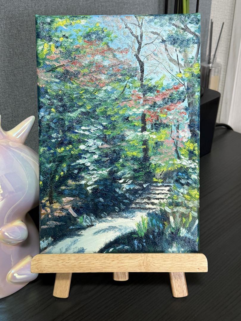 「林間の道」　手描き　油絵　風景画　原画　油彩画　印象派