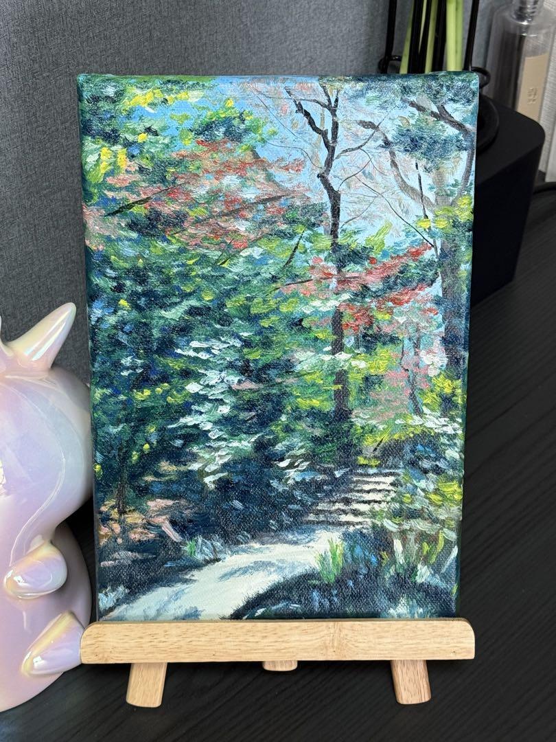 「林間の道」　手描き　油絵　風景画　原画　油彩画　印象派