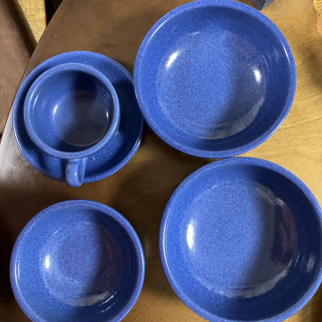 青色 陶器 食器セット ティーカップ・皿・ボウル大２個小１個