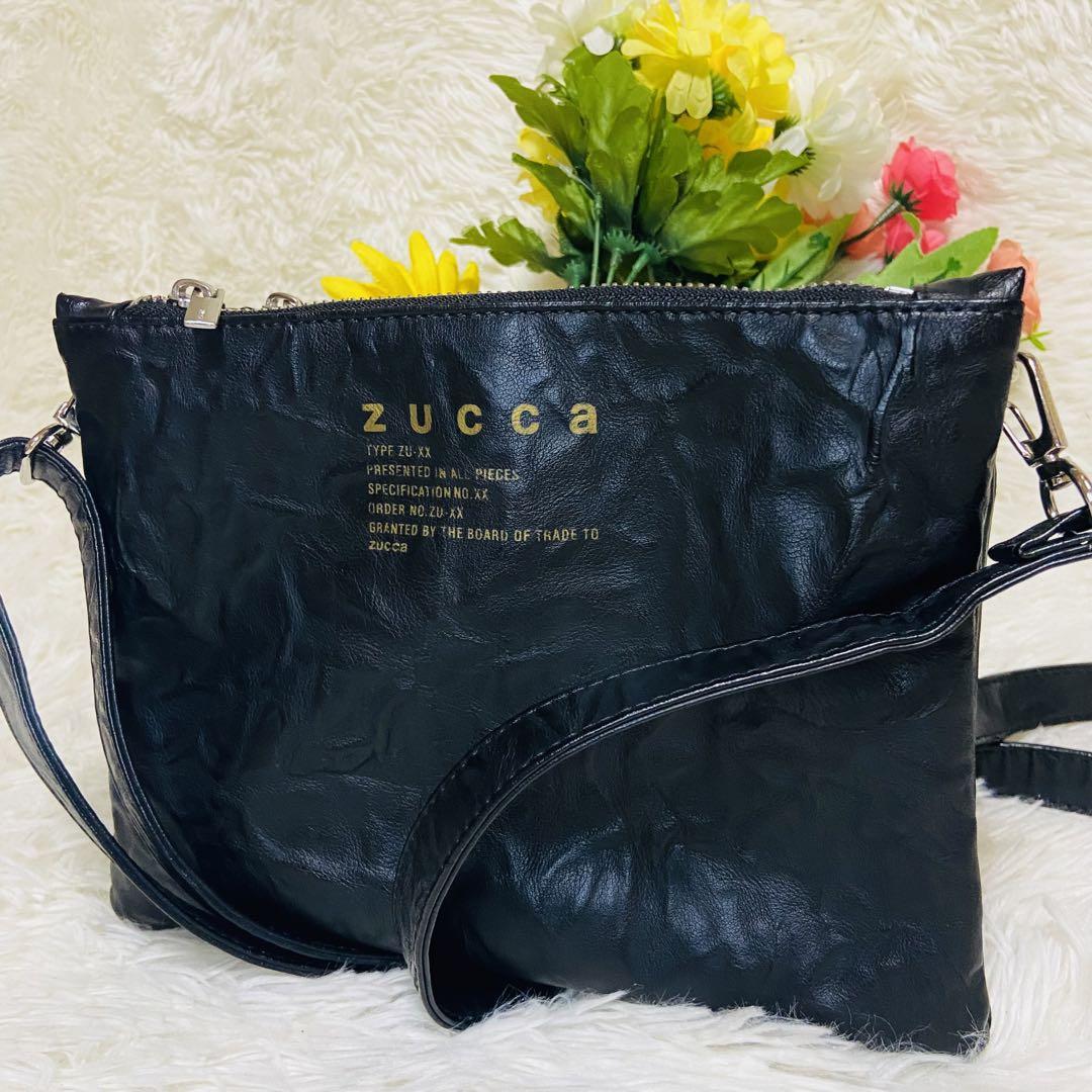 エンボス加工✨ZUCCa✨ズッカ✨ショルダーバッグ✨サコッシュ✨レザー✨ブラック