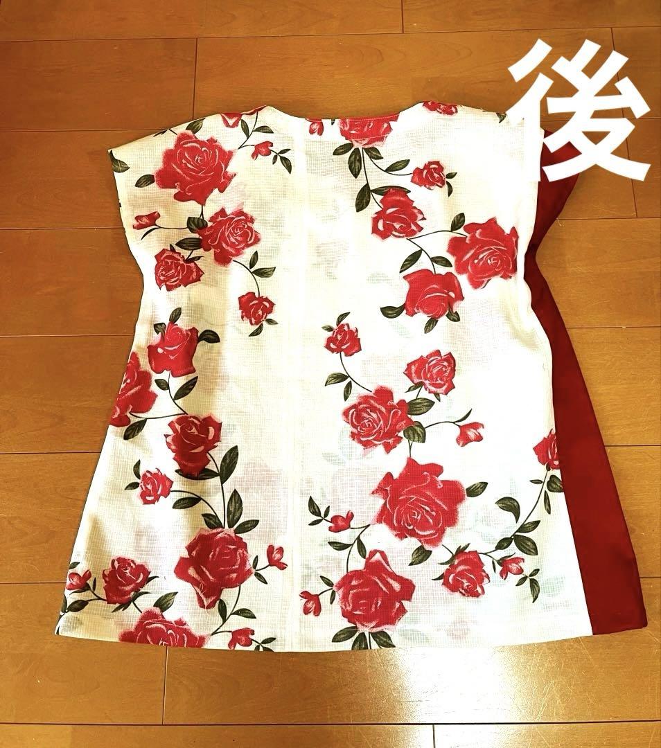 着物リメイク　浴衣　チュニック　トップス　ブラウス　ハンドメイド　薔薇　花柄　綿