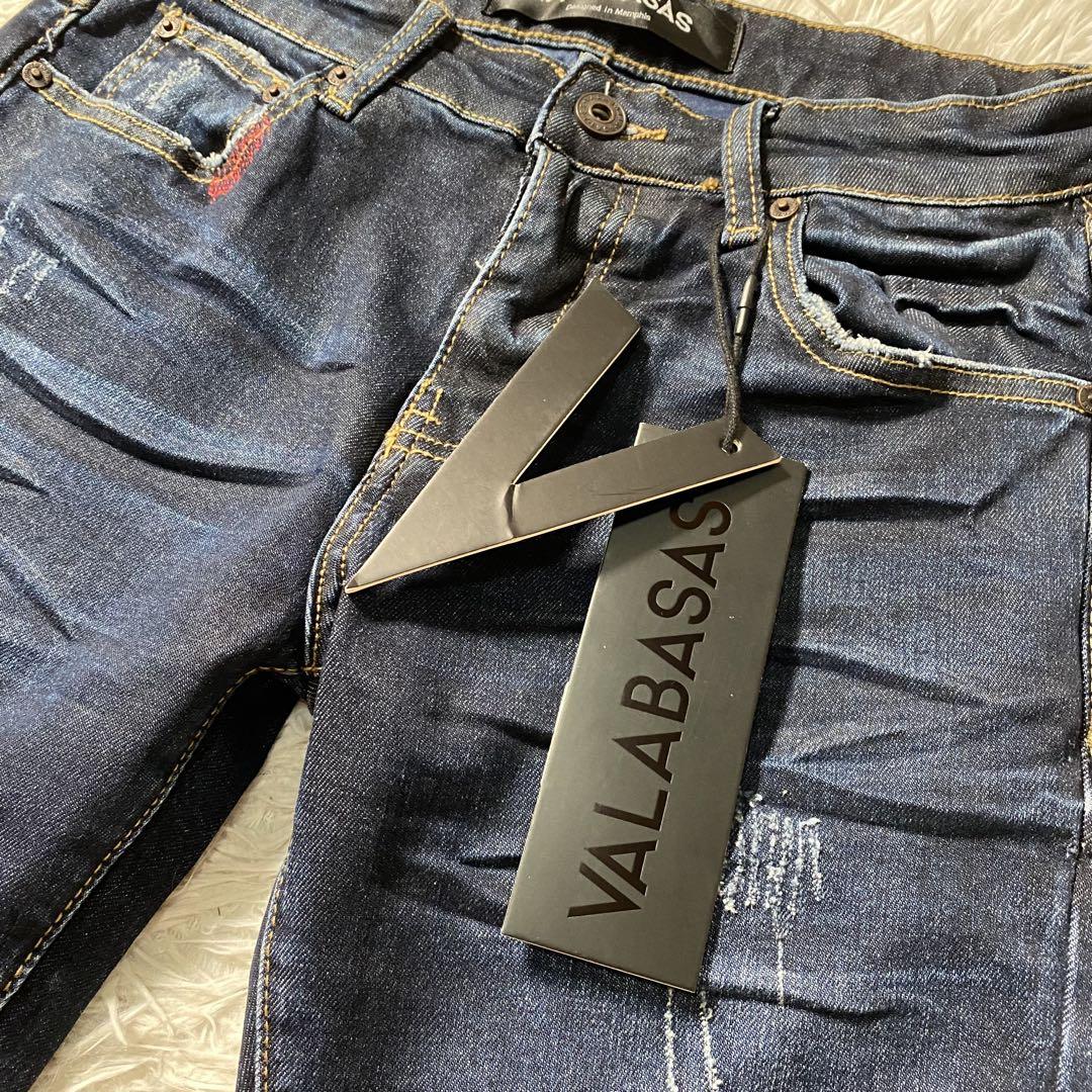 新品未使用】バラバサス　デニムパンツ　スキニー　ダメージ＆リペア加工　ストレッチ