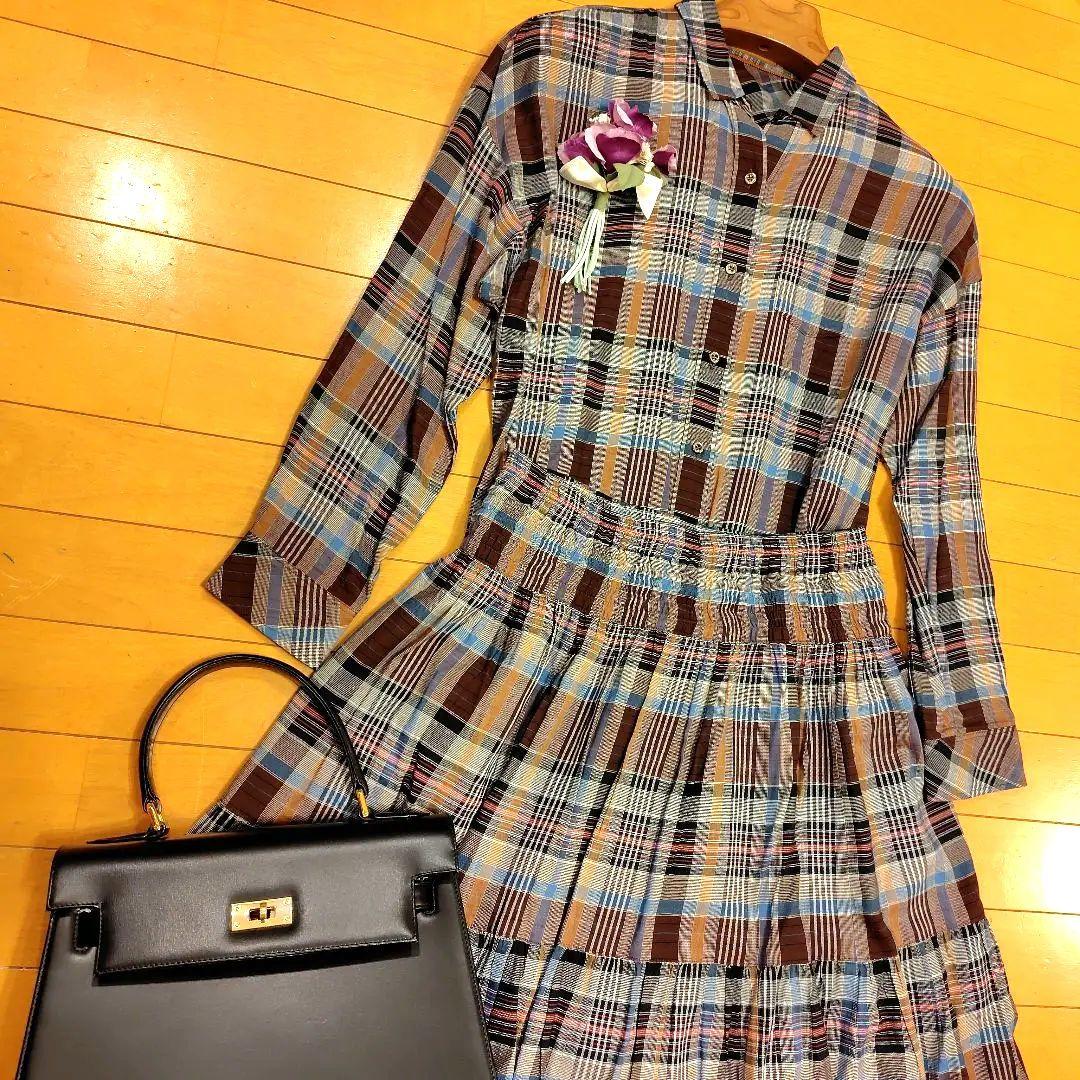 レリアン 近年モデルホワイトレーベル ブラウン系格子柄セットアップワンピース
