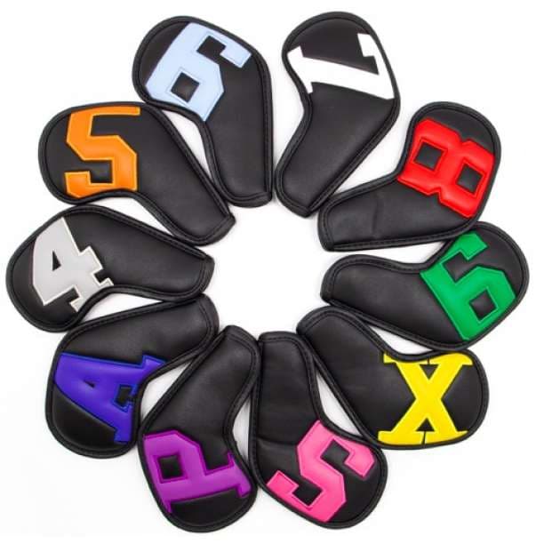 【10点セット】ゴルフアイアンカバー ヘッドカバー PU 黒 カラフル BK