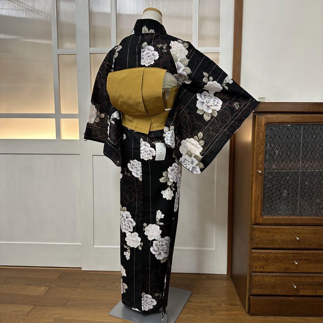 ゆかた　浴衣　黒　牡丹　縦縞　身丈162裄65