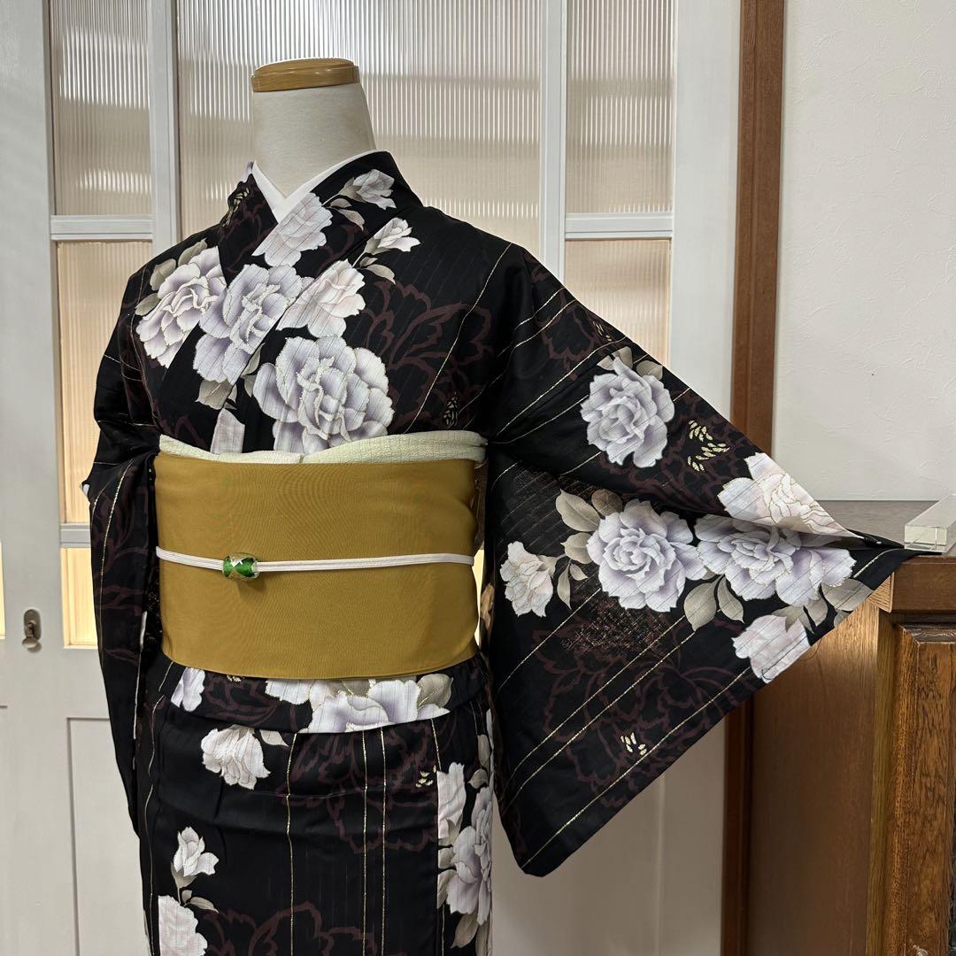 ゆかた　浴衣　黒　牡丹　縦縞　身丈162裄65