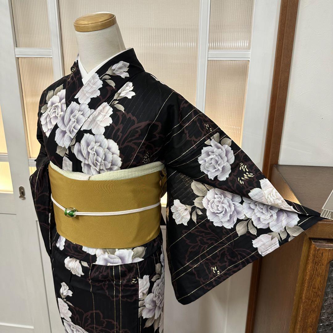 ゆかた　浴衣　黒　牡丹　縦縞　身丈162裄65