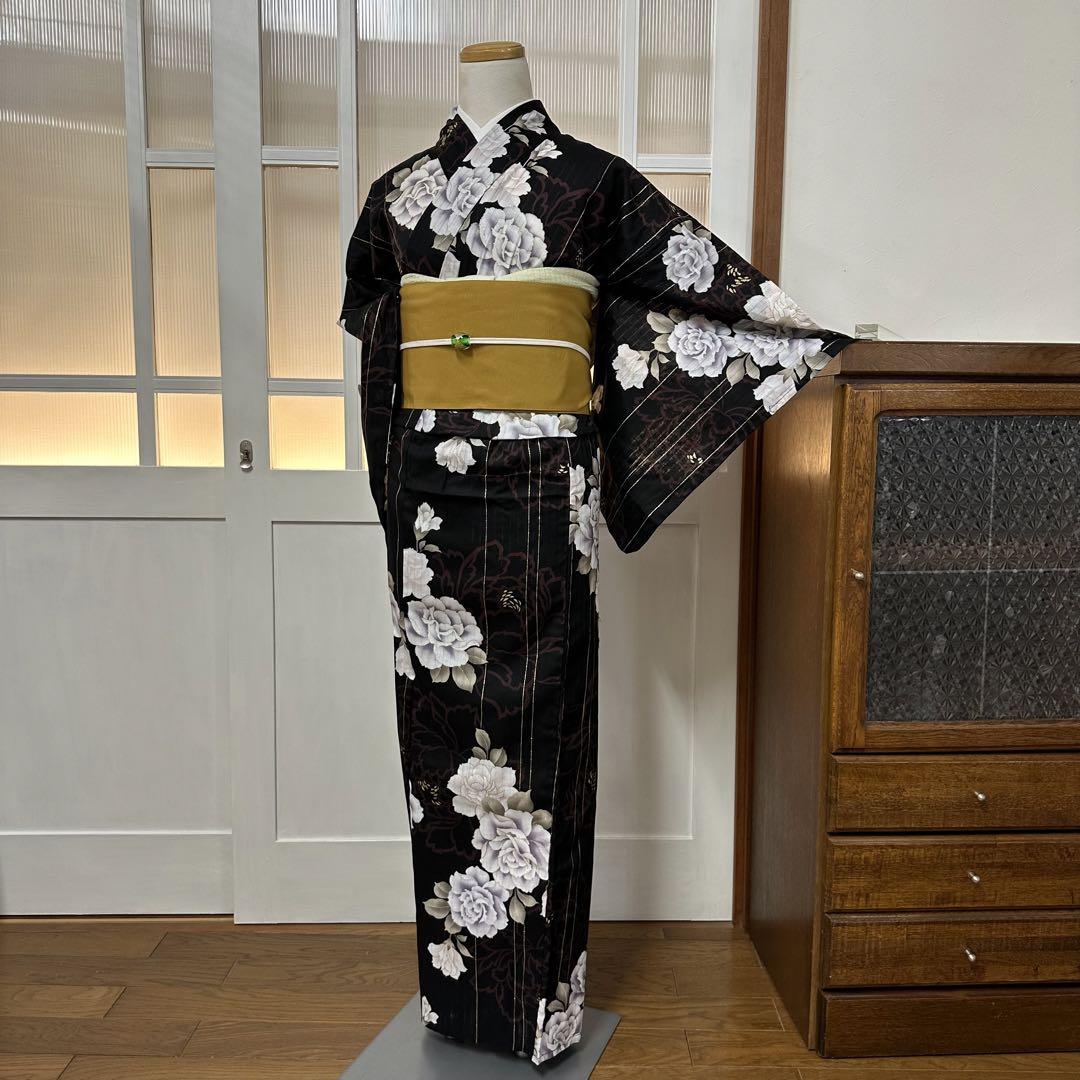 ゆかた　浴衣　黒　牡丹　縦縞　身丈162裄65