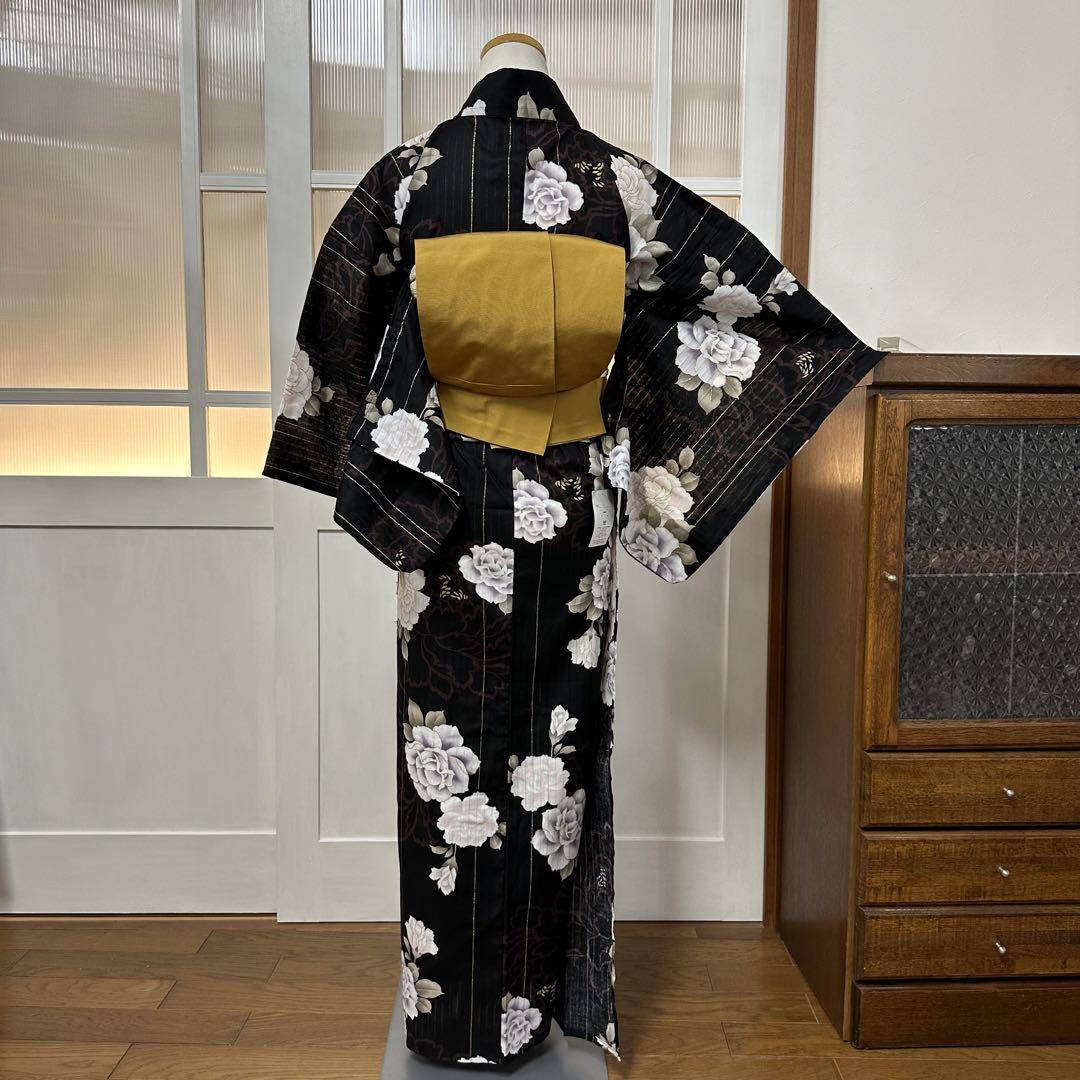 ゆかた　浴衣　黒　牡丹　縦縞　身丈162裄65
