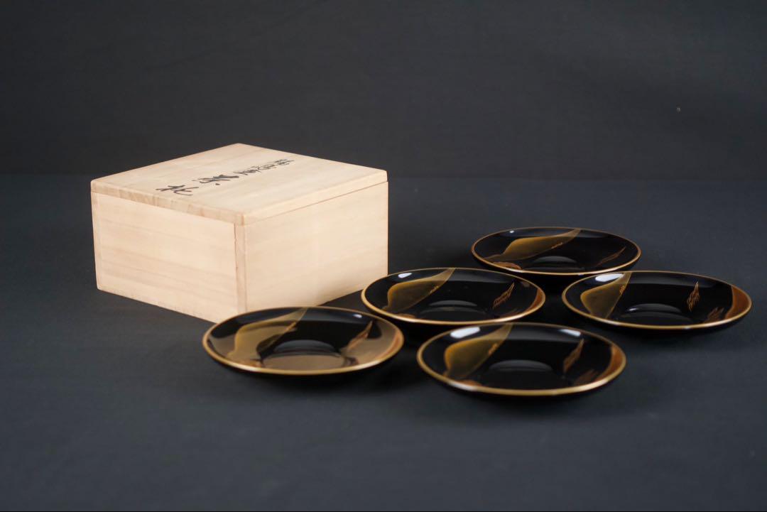 輪島塗 五島屋謹製 松山波 蒔絵 茶托 5客 木製漆器