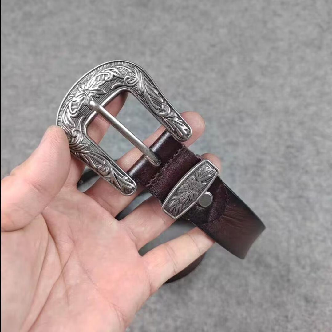 実物は撮影❤DOUBLE RL 純銅スナップバックル ちょうこく 本革ベルト