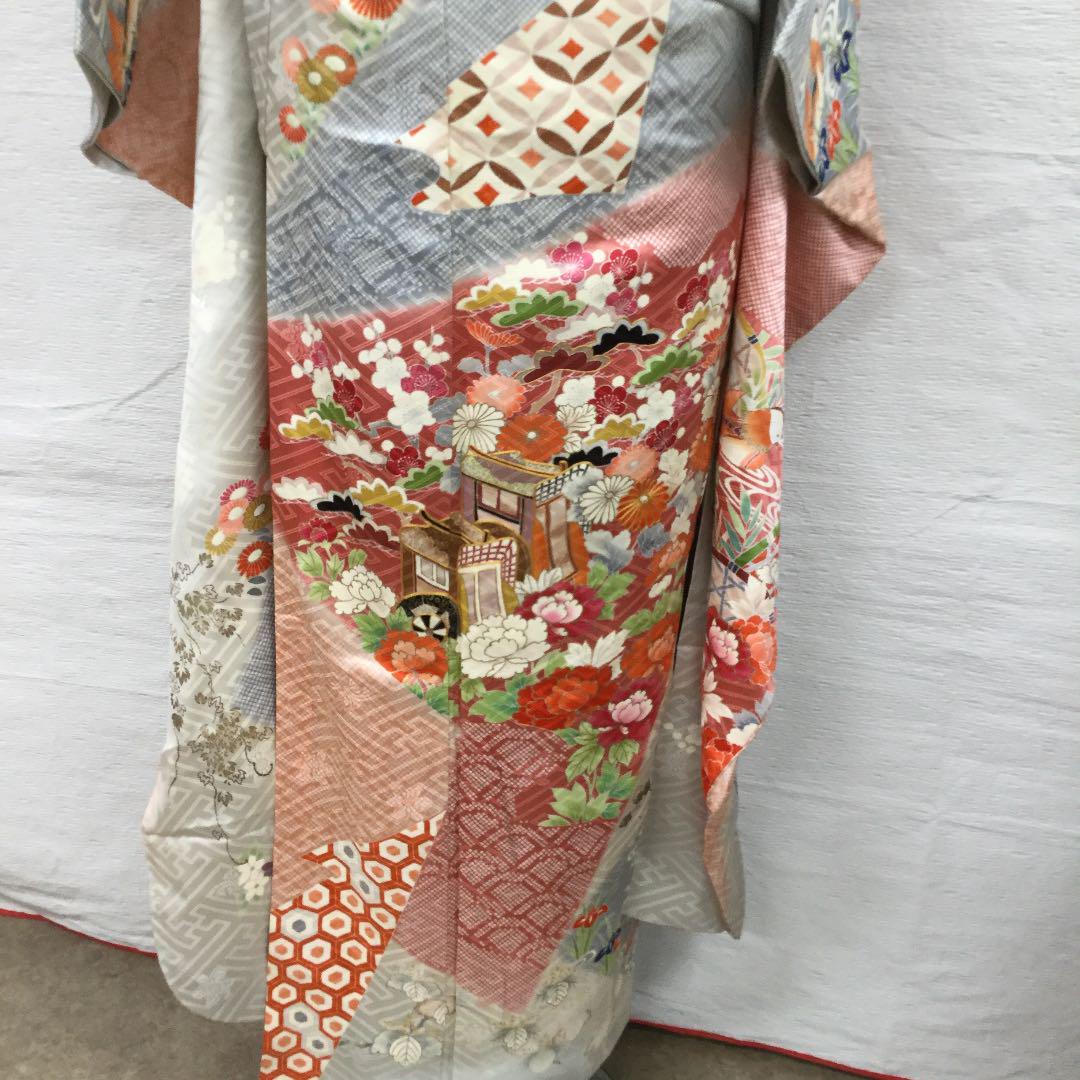 12ー1017 着物 正絹 振袖 源氏車・草花 （振袖 | 貸きもの花小袖）