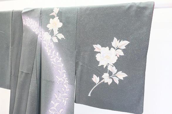 美品 訪問着 青緑みのグレー 深川鼠 たたき地 枝花 身丈158cm 美品 訪問着 青緑みのグレー 深川鼠 たたき地 枝花 身丈158cm