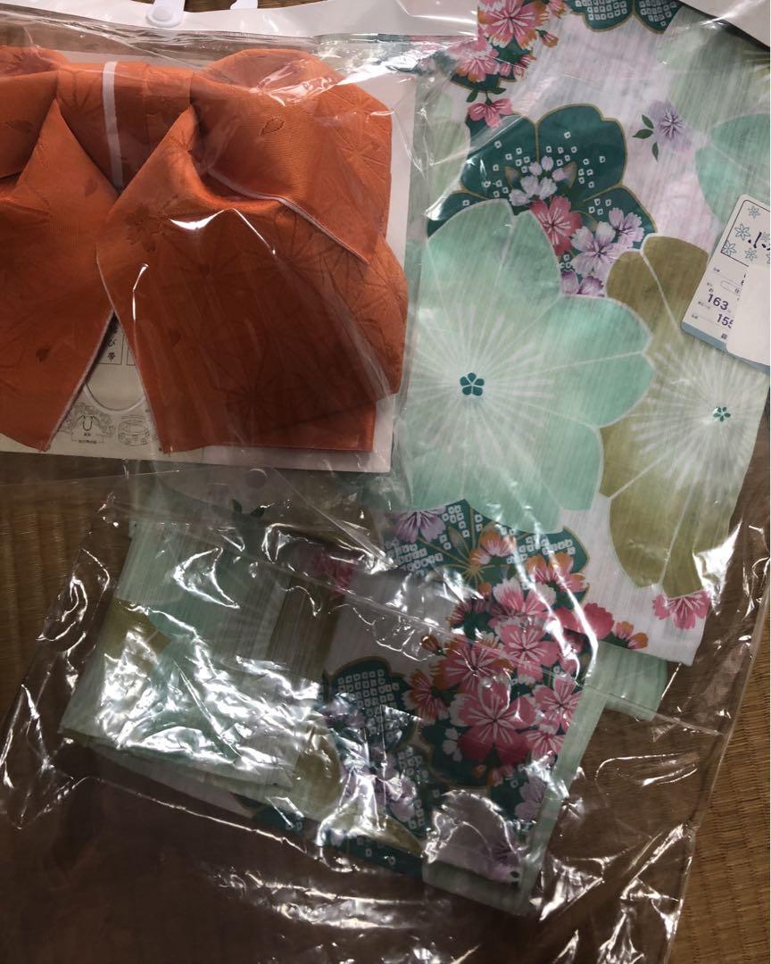 花柄浴衣・帯 緑 オレンジ ギャル - メルカリ
