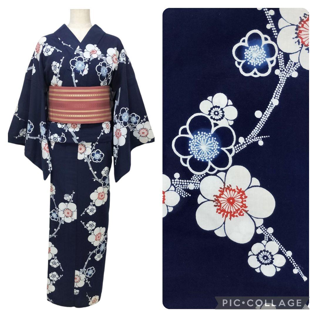 【浴衣】梅模様　藍染 注染　紺　ネイビー レトロ　古典 綿　アンティーク