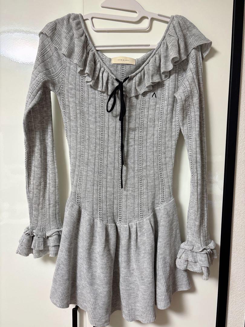 andmaryグレー フリル付きオフショルダー ワンピース