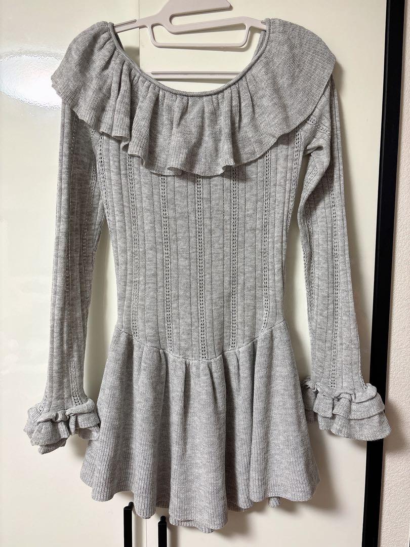 andmaryグレー フリル付きオフショルダー ワンピース