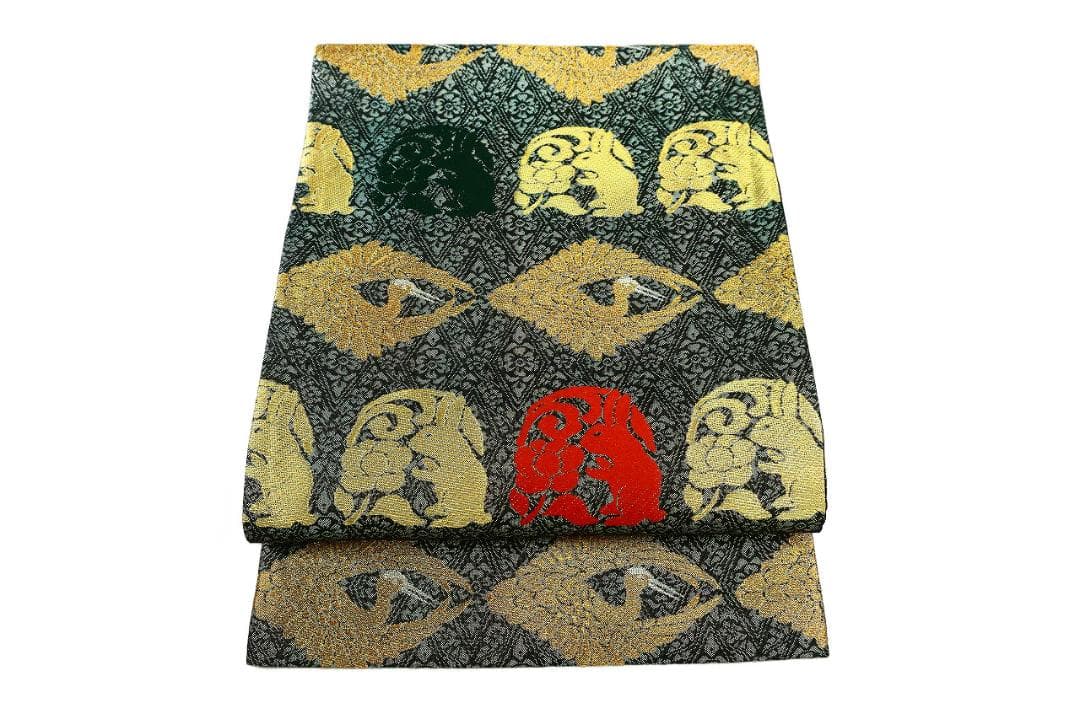 袋帯 グレー系 花うさぎ 飛び鶴 長さ4m39cm 六通柄 正絹