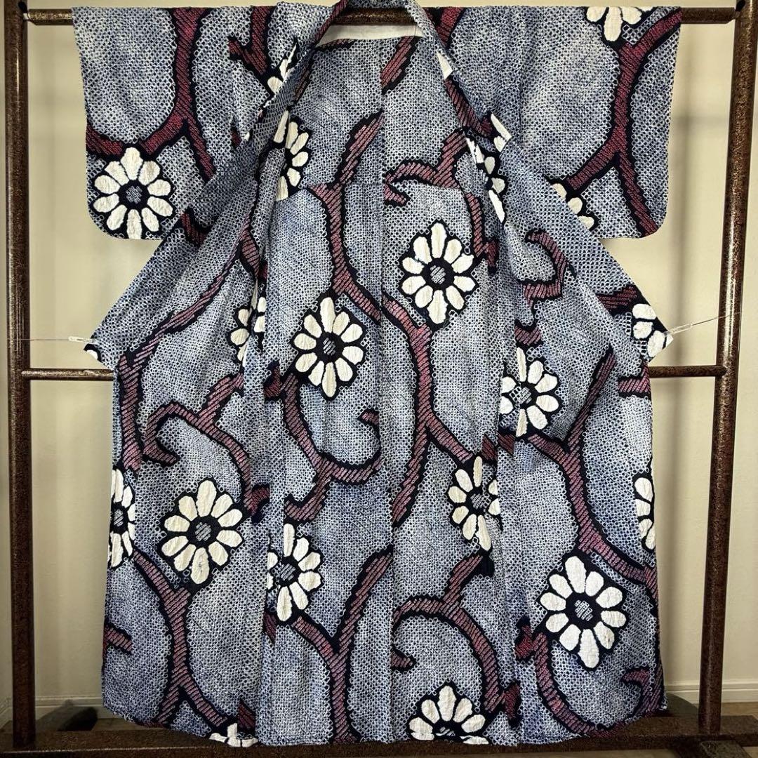 美品　綿　有松絞り　本染浴衣　浴衣 着物　夏物　156cm 白　赤　紺