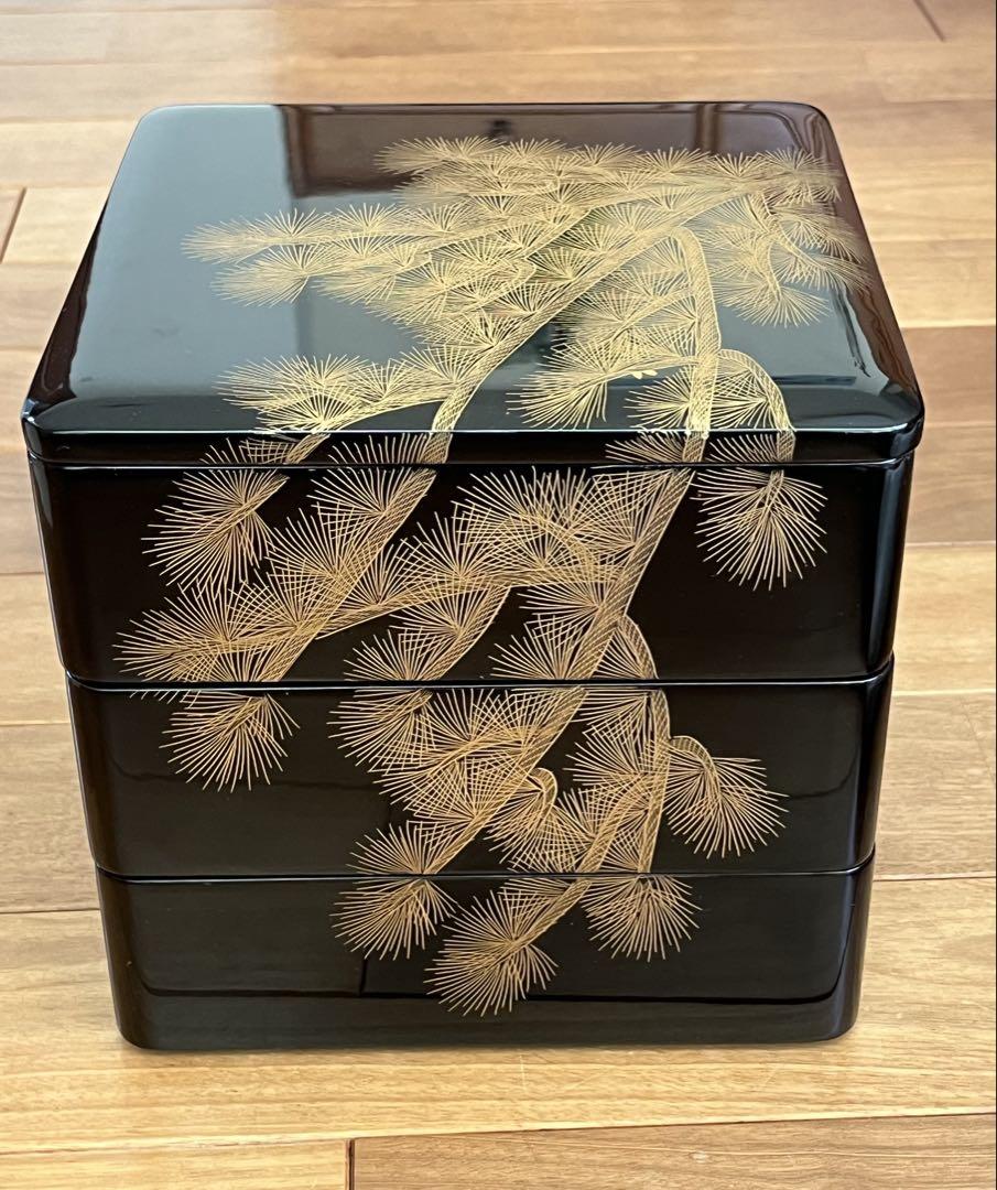 【未使用】会津漆器 重箱 3段 松模様