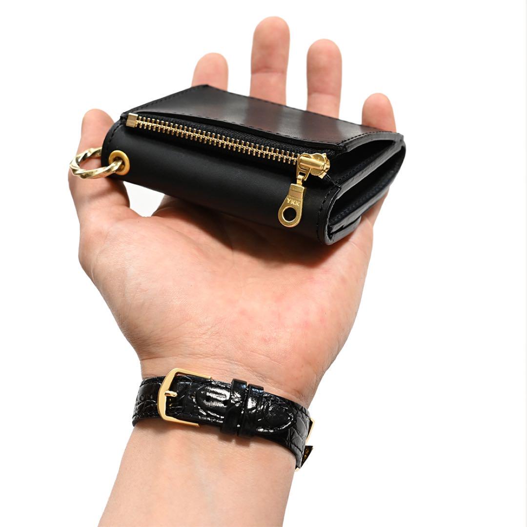 牛革コンパクトトラッカーウォレット ブラックレザー カウハイド ミニショート財布