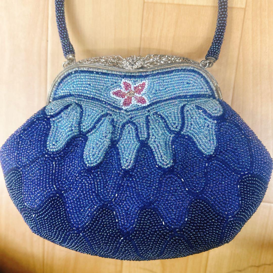 昭和レトロな花柄ビーズ刺繍クラッチバッグ 総ビーズ ハン