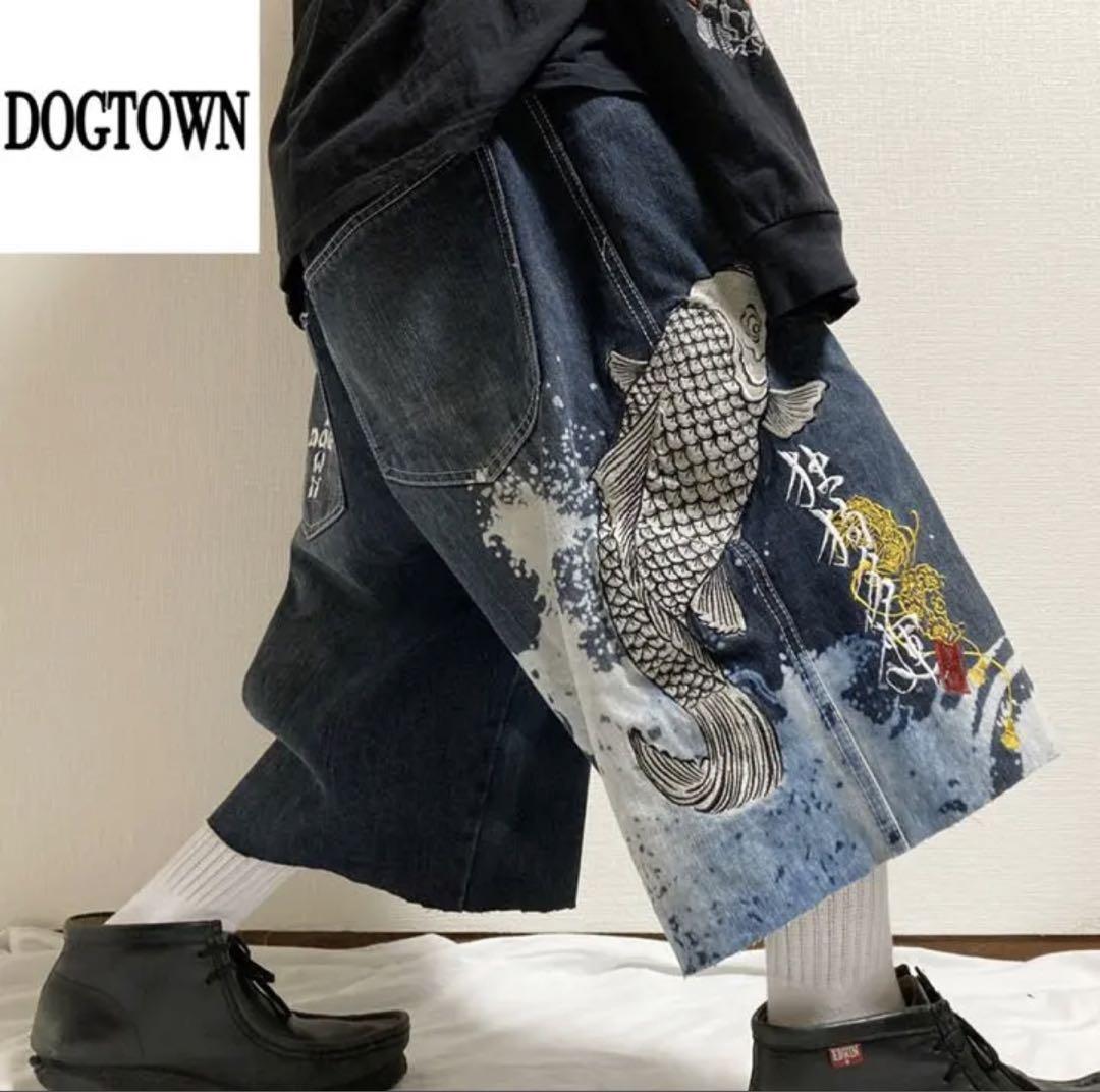 ドッグタウン ワイド デニム ハーフ バギーパンツ ショーツ 和柄 刺繍 B系