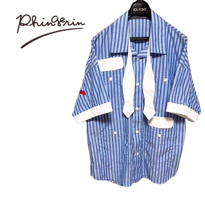 【通販 人気】
 希少★PHINGERIN 半袖シャツ ストライプ柄 ネクタイ付き フィンガリン シャツ