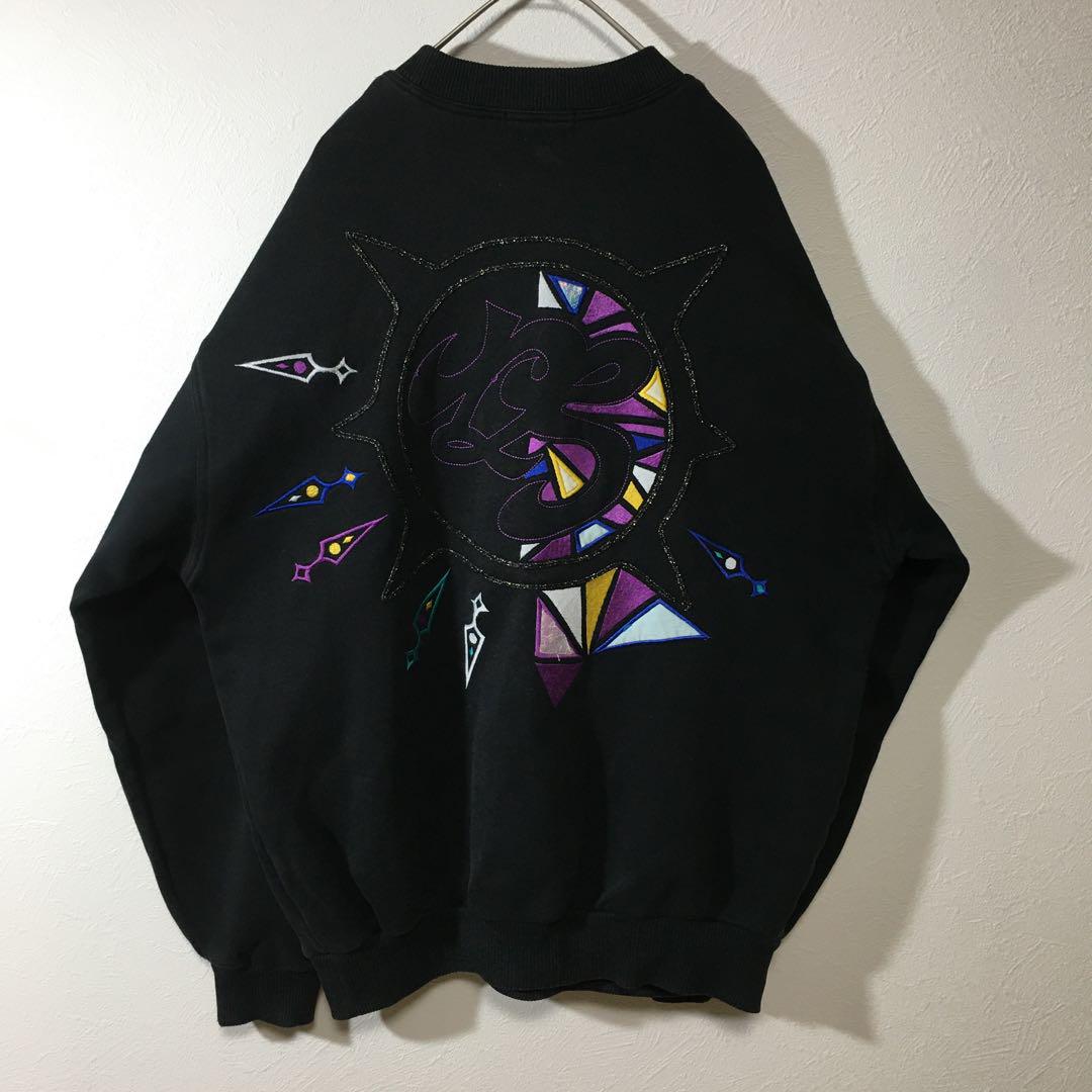 【個性派古着】日本製　ドルセ　スウェット　豪華立体刺繍　黒　派手　Ｌ相当