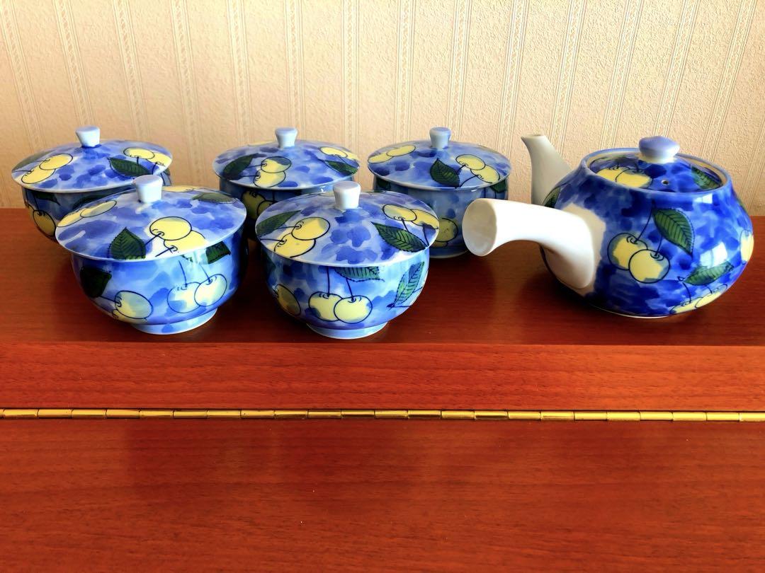 有田焼松泉作茶器揃急須1蓋付き湯呑み５客セットさくらんぼ桜桃蓋碗